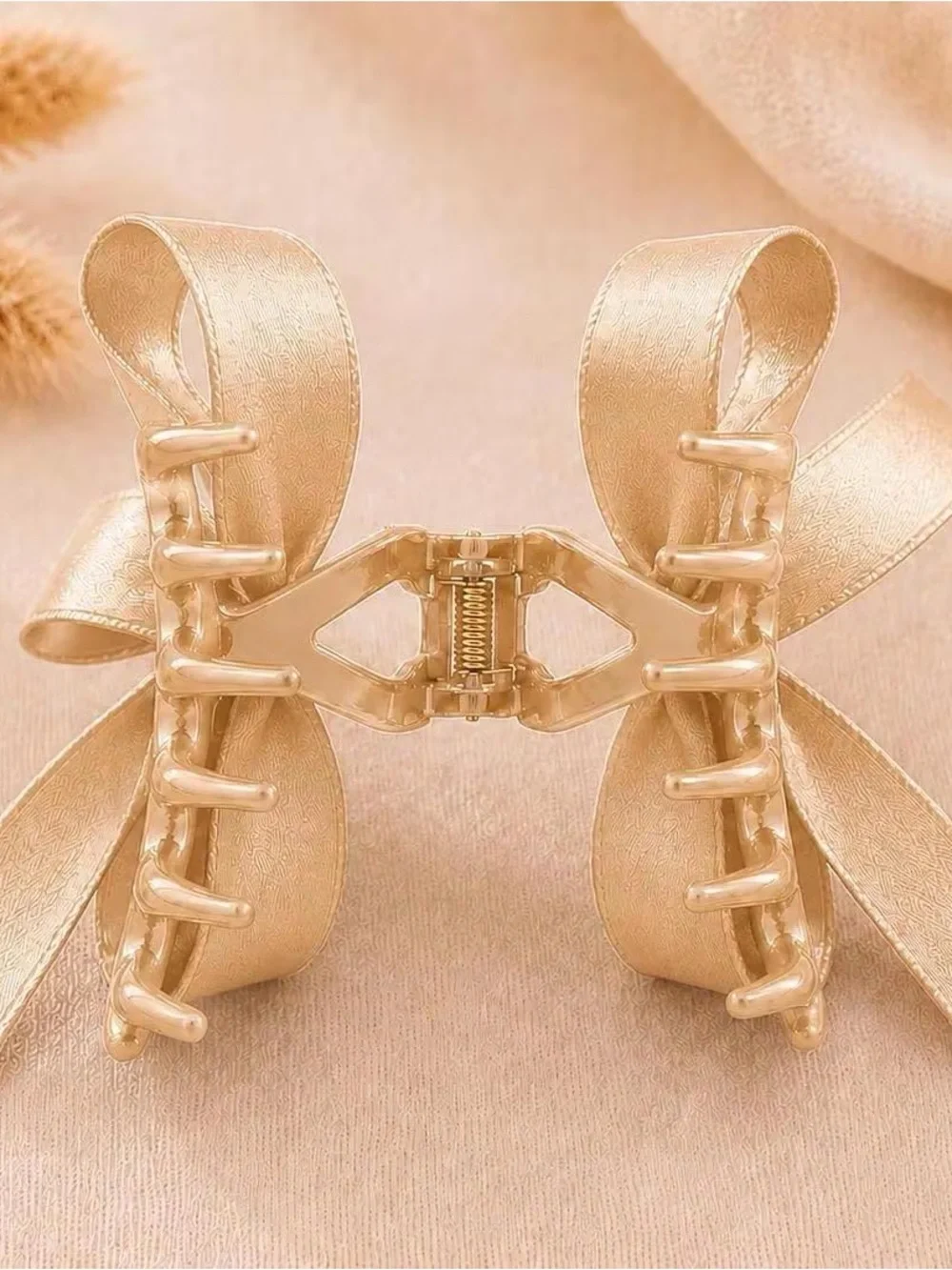 Gold Satin Bow Hair Clip with Cross Charm Dangles